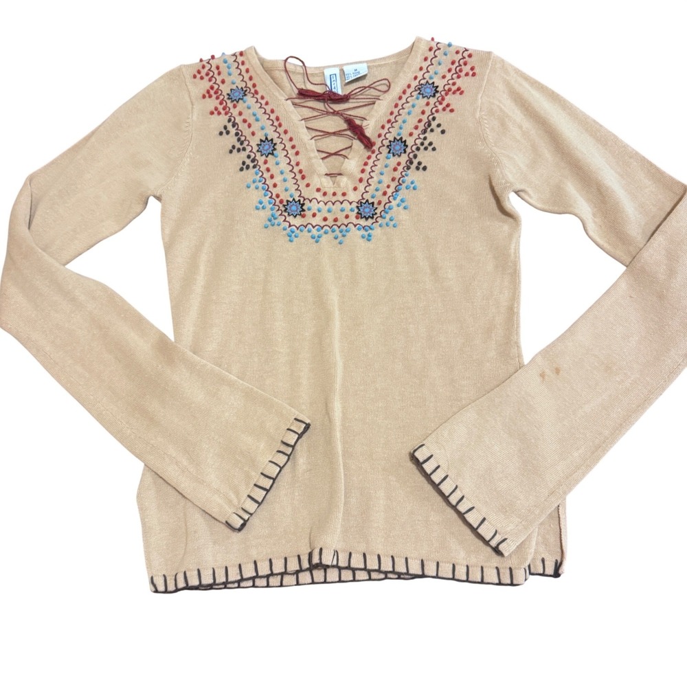 Vintage 90s SMUDGE Ramie Lace‎ Up Shirt Made in HK Beaded Turquoise Boho M